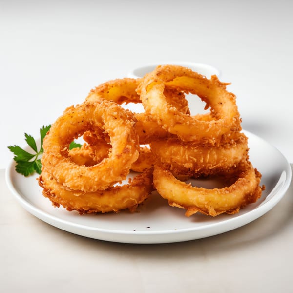 Crispy golden-brown onion rings piled high on a white plate with a sprig of parsley.