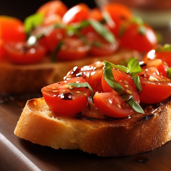 Close-up of Armettas Italian Grill and Pizzeria's bruschetta, topped with fresh tomatoes, basil, and balsamic glaze.